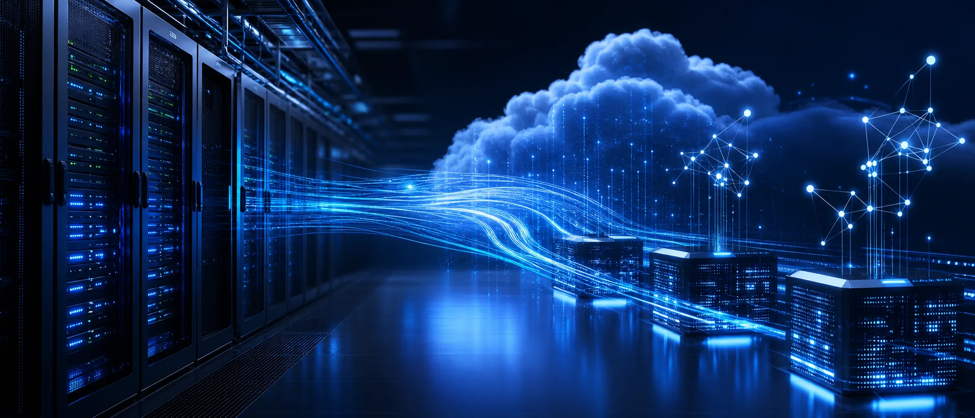 Enterprise data centre connected to cloud services and governed AI analytics