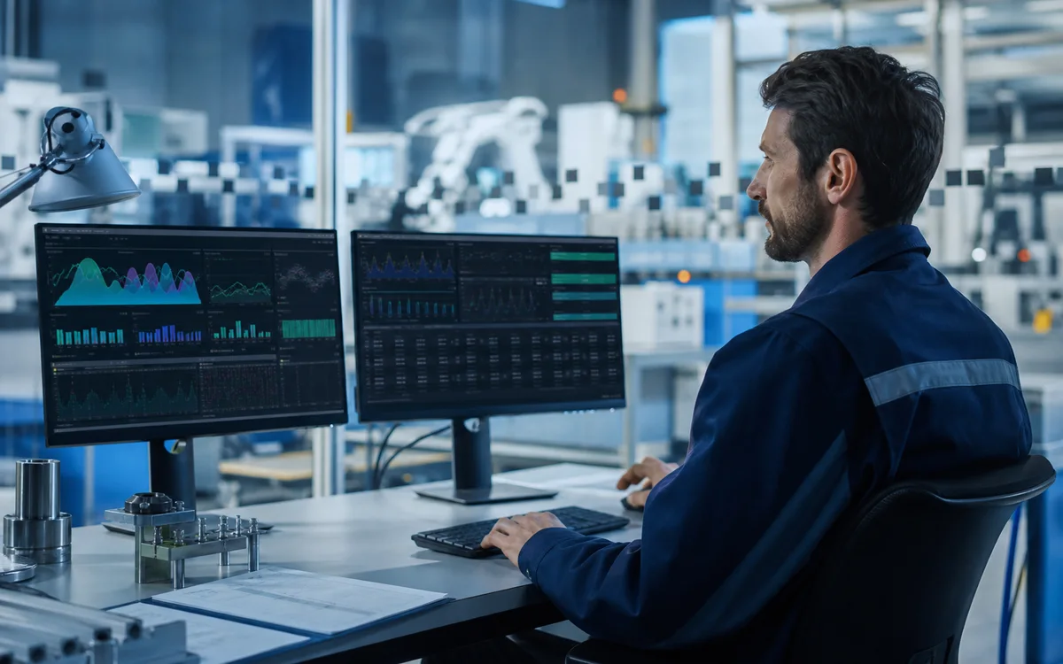 Illustration of factory operations supported by production analytics and visual monitoring